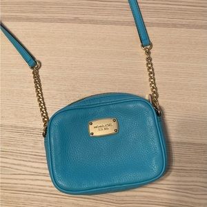 Blue Leather Michael Kors Crossbody Purse with Gold Accents